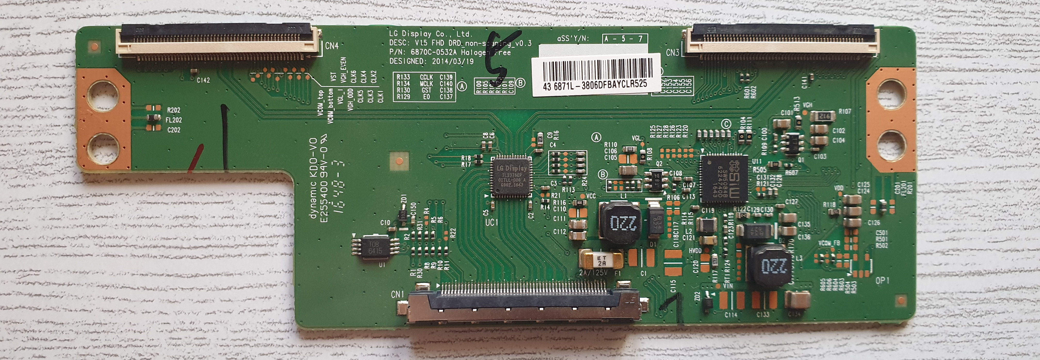 Closeup (high-res) of the original T-CON board (main ICs: TL2375EP SW85084B)